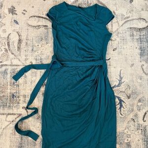 Teal midi Wrap style Dress with asymmetrical neck line